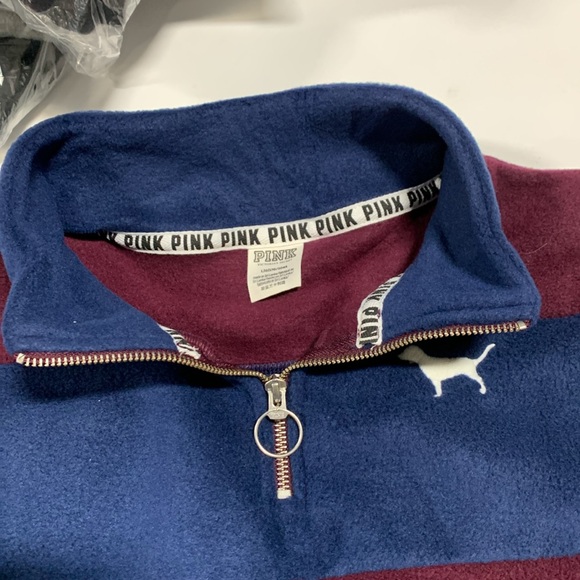 PINK Victoria’s Secret Maroon & Navy Striped 1/4 Zip Polar Fleece Pullover-6031 - Picture 6 of 9